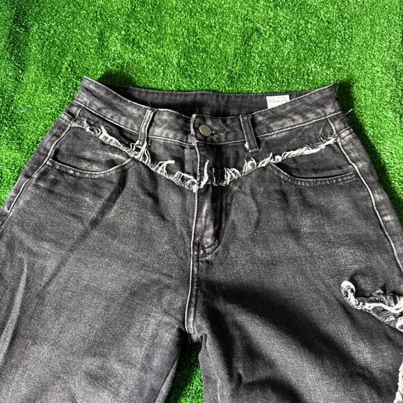 SHEIN Star Pattern Raw Trim Straight Leg Black Jeans Denim Pants Petite Size S - Picture 9 of 14